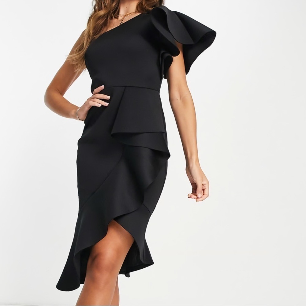 ASOS True Violet Elegant Black One-Shoulder Ruffle Midi Size 10 Dress